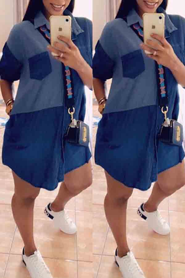 lovely Casual Color-lump Patchwork Blue Knee Length Denim Dresses
