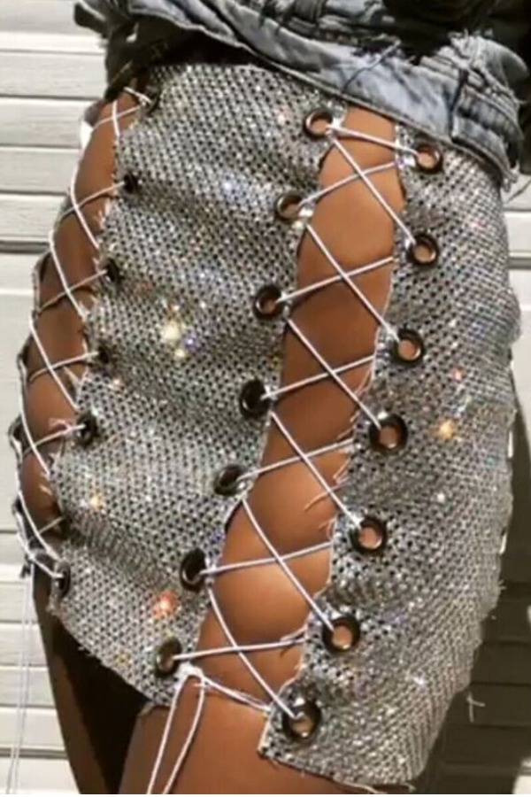 

lovely Sexy Bandage Design Silver Skirt