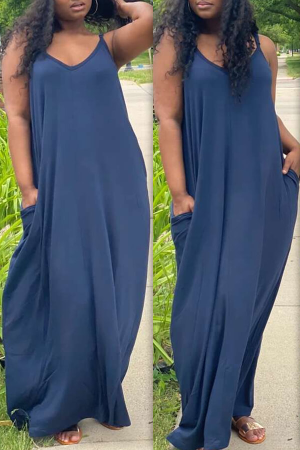 

LW Casual V Neck Loose Dark Blue Maxi Dress