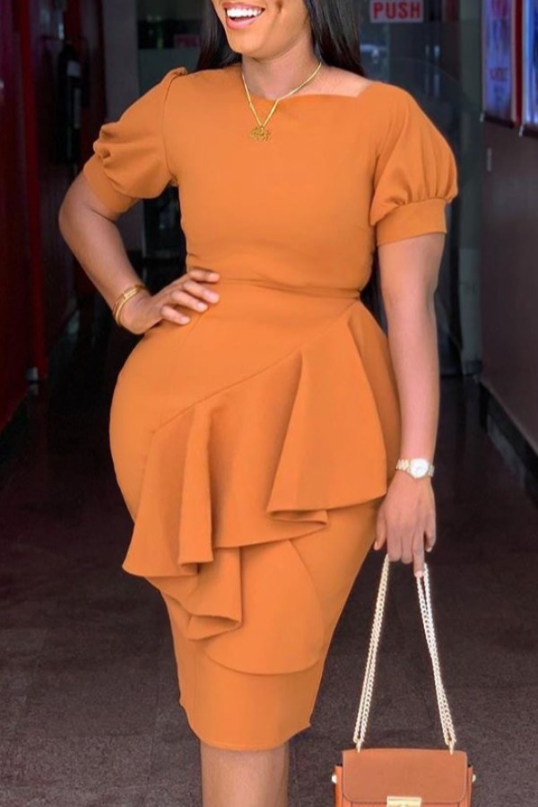 

Lovely Trendy Flounce Design Orange Knee Length Plus Size Dress