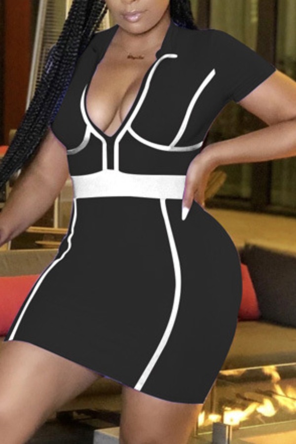 

lovely Sportswear Turndown Collar Patchwork Black Mini Dress