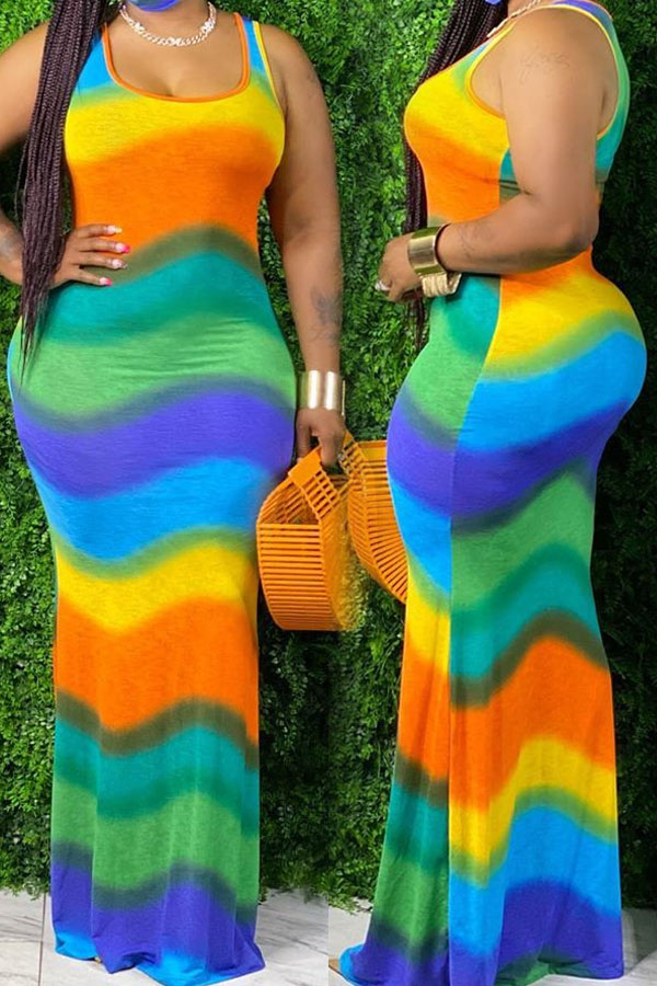 

Lovely Bohemian Rainbow Striped Green Maxi Dress