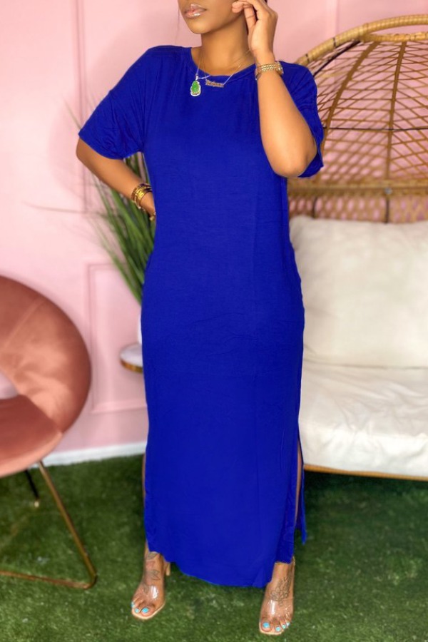 

lovely Casual O Neck Side Slit Blue Ankle Length Dress