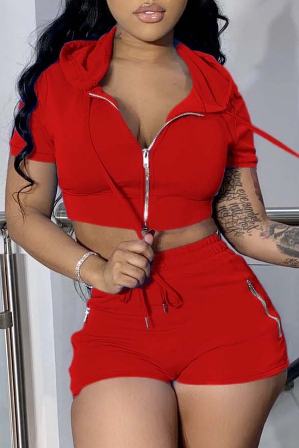 

LW Sportswear Zipper Design Red Two-piece Shorts Set