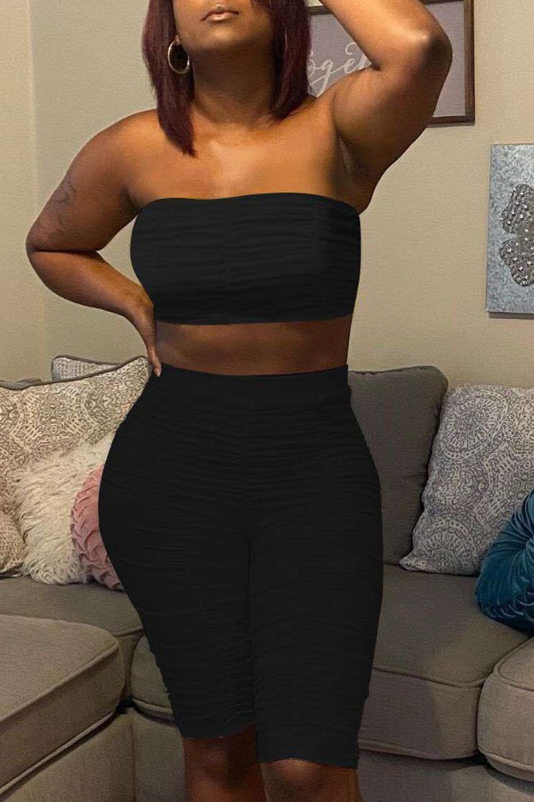 

lovely Sexy Dew Shoulder Fold Design Black Two-piece Shorts Set