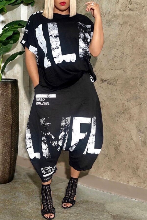 Lovely Casual O Neck Letter Print Black Two-piece Pants Set