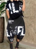 LW Casual O Neck Letter Print Black Two-piece Pants Set
