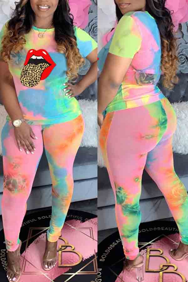 

lovely Casual O Neck Lip Print Blue Two-piece Pants Set