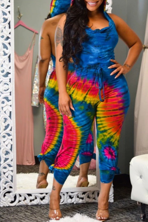 

lovely Leisure Tie-dye Lace-up Blue One-piece Jumpsuit