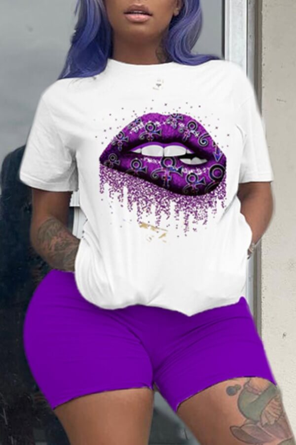 

LW Polyester Casual Print Regular sleeve Basic Regular Short Sleeve Round Neck Yes(Elastic) Positioning Print, Purple