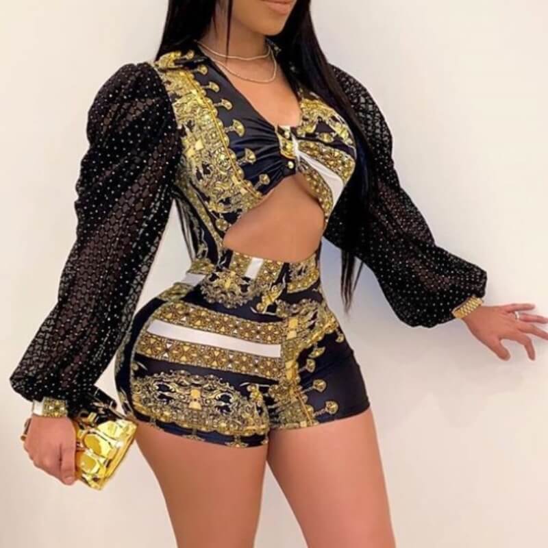 

Lovely Stylish Print Hollow-out Black One-piece Romper
