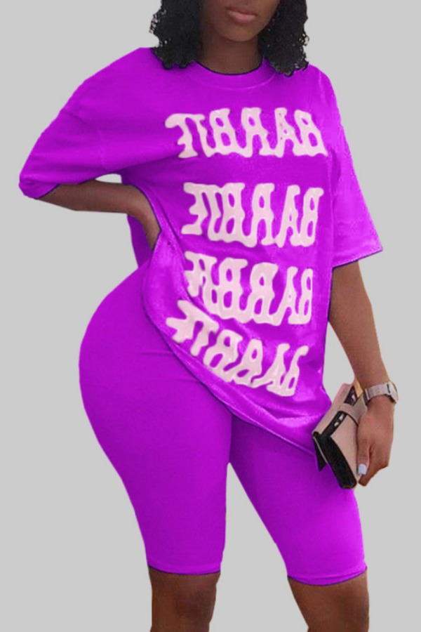 

lovely Casual Letter Print Purple Plus Size Two-piece Shorts Set