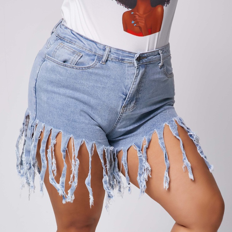 

Lovely Plus Size Trendy Tassel Design Baby Blue Denim Shorts