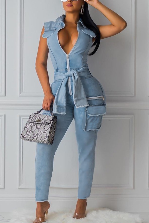 

Lovely Trendy Zipper Design Lace-up Blue Denim One-piece Jumpsuit