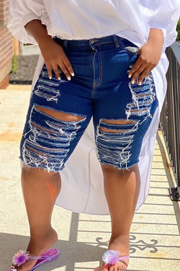 

Lovely Trendy Broken Holes Blue Plus Size Denim Shorts