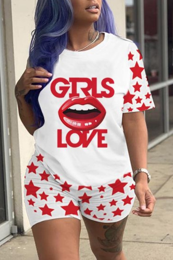 

lovely Leisure O Neck Print White Two-piece Shorts Set