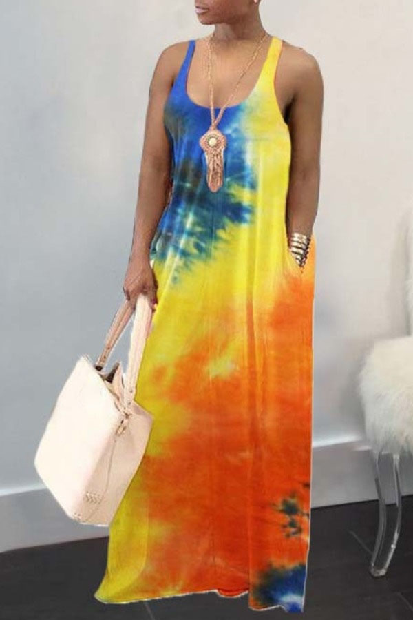 

lovely Bohemian U Neck Tie-dye Yellow Maxi Dress