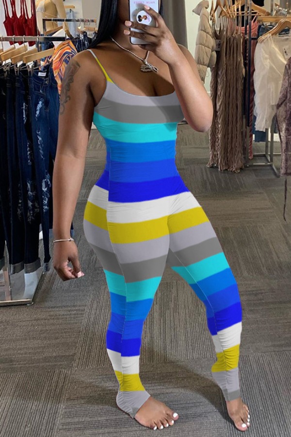 

Lovely Stylish Striped Blue One-piece Jumpsuit(Batch Print, Blue stripe