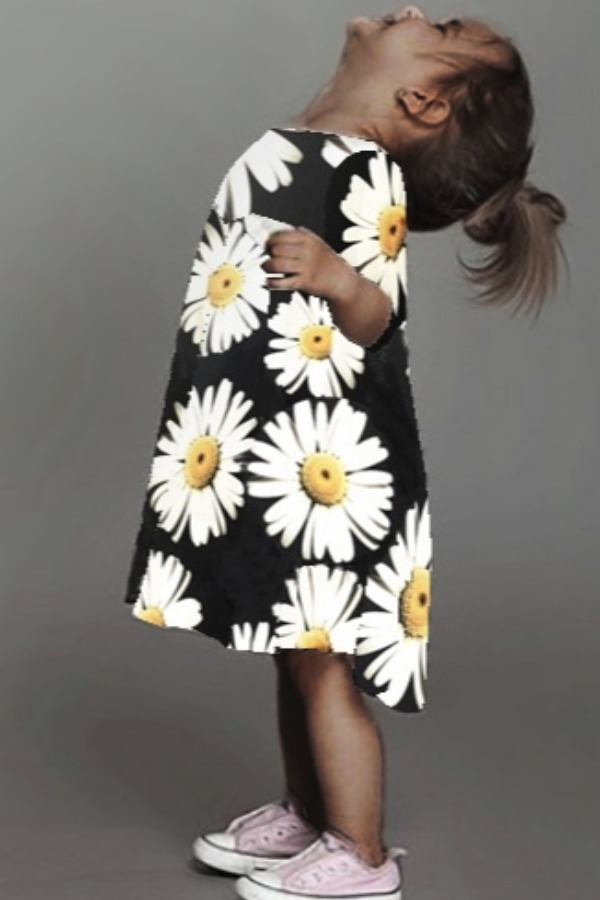 

lovely Stylish O Neck Floral Print Black Girl Knee Length Dress