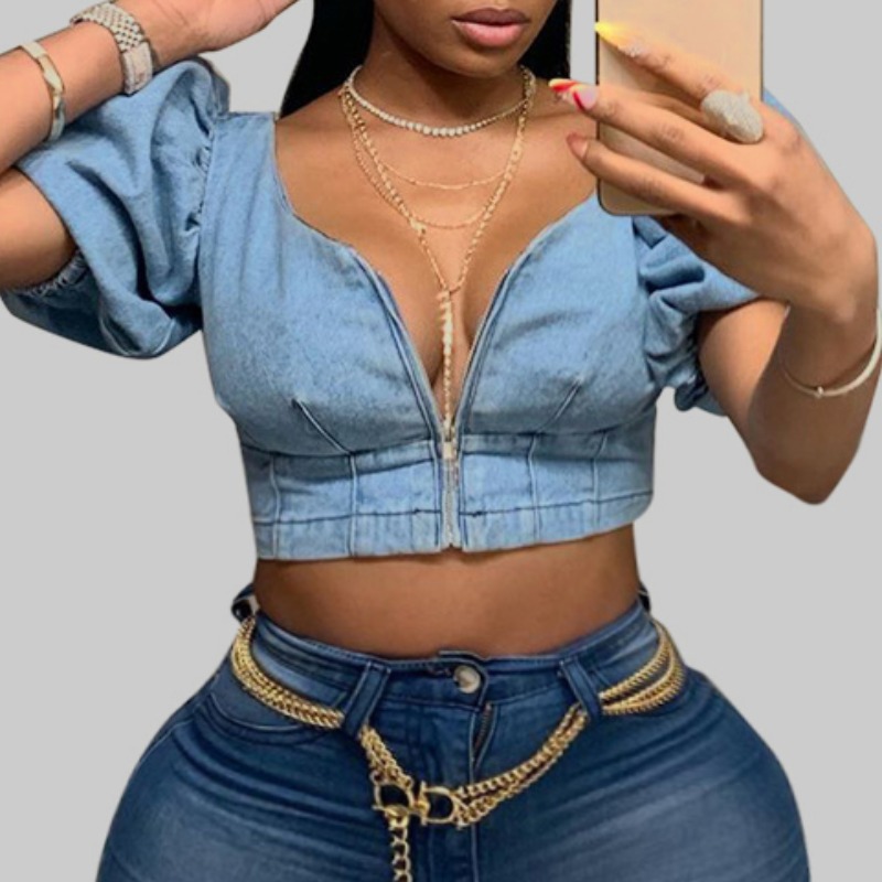 lovely Trendy Zipper Design Blue Denim Blouse