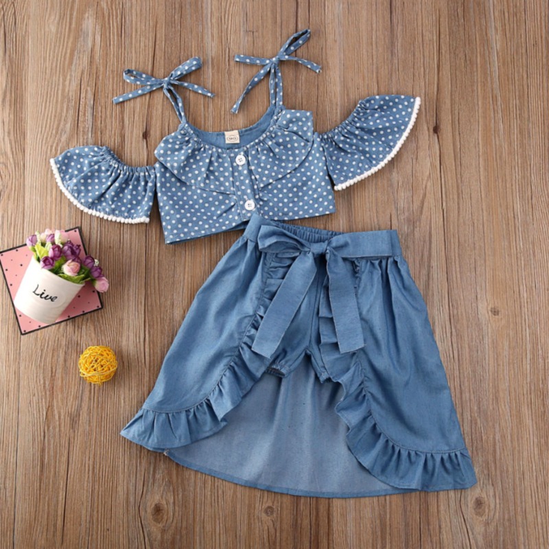 

lovely Sweet Dot Print Deep Blue Girl Two-piece Skirt Set