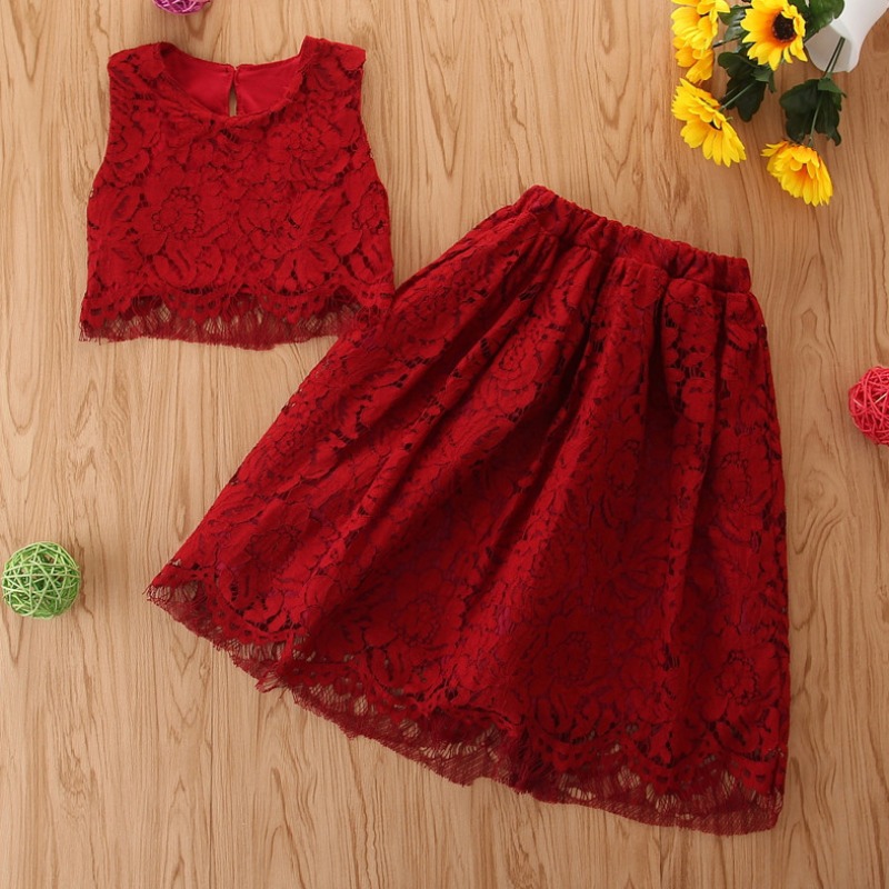 

lovely Stylish O Neck Lace Red Girl Twopiece Skirt Set