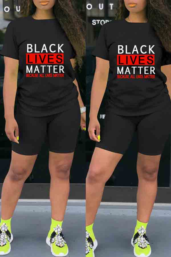 

Lovely Casual Letter Print Black Two-piece Shorts Set