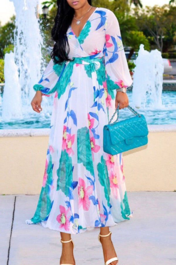

Lovely Bohemian Print White Maxi Plus Size Dress