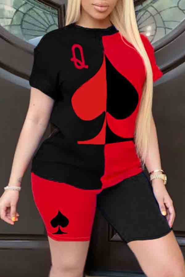

Lovely Casual O Neck Print Patchwork Red Two-piece Shorts Set