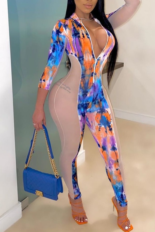 

lovely Trendy Tie-dye Patchwork Blue One-piece Jumpsuit