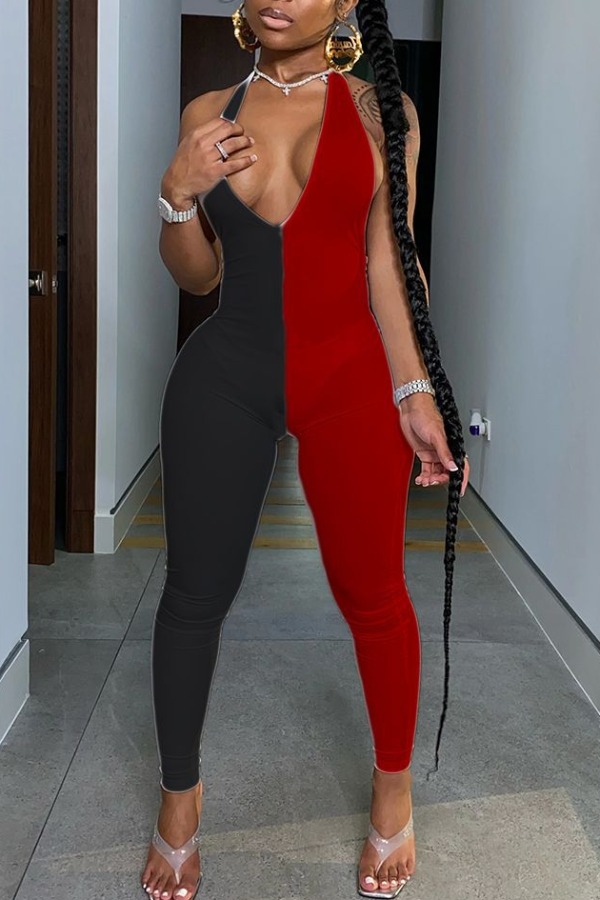 

lovely Sexy V Neck Patchwork Red One-piece Jumpsuit