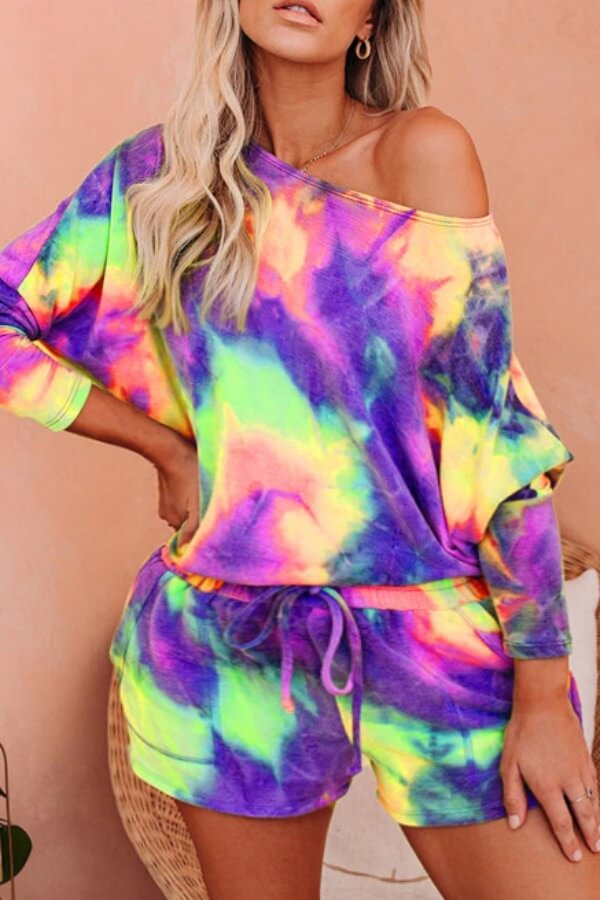 

Lovely Stylish Tie-dye Purple Plus Size Two-piece Shorts Set