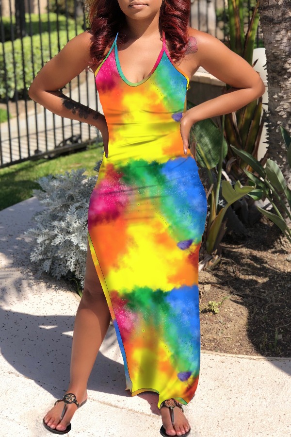 

lovely Stylish Tie-dye Yellow Maxi Dress