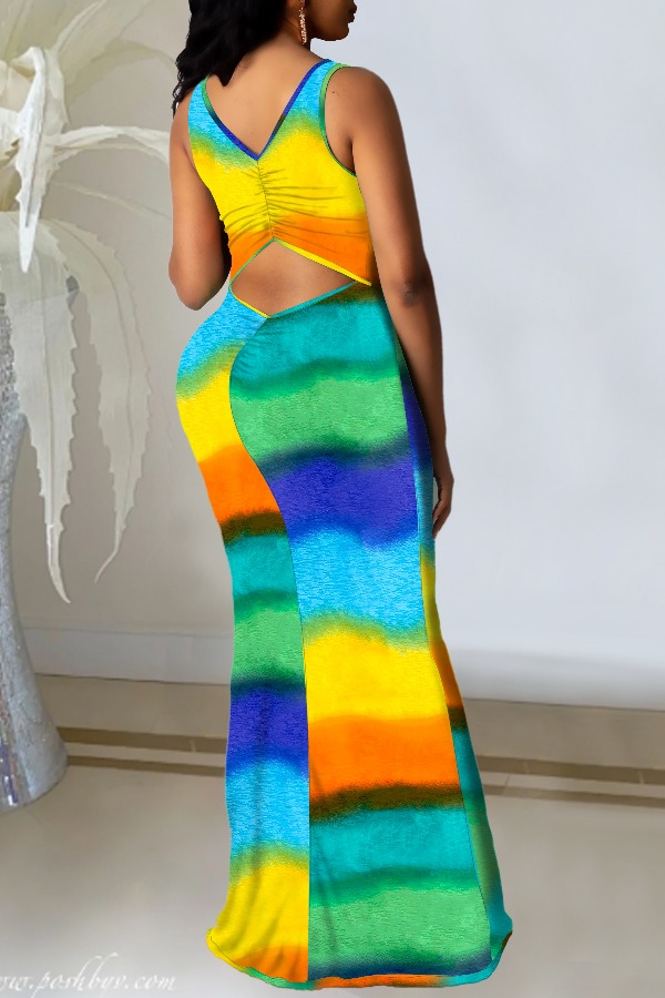 

lovely Stylish Tie-dye Hollow-out Yellow Maxi Dress