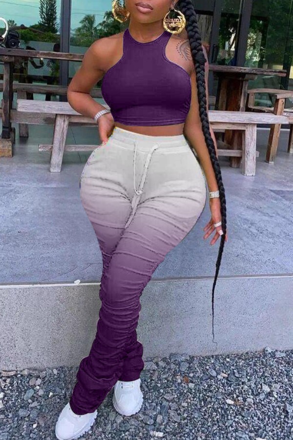 

lovely Street Gradual Change Fold Design Purple Plus Size Two-piece Pants Set