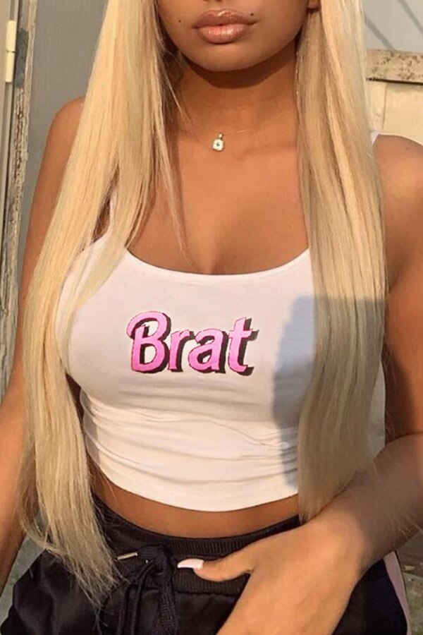 LovelyWholesale Casual Letter Print White Camisole Summer Sleeveless Casual Vests Spring Summer 2024