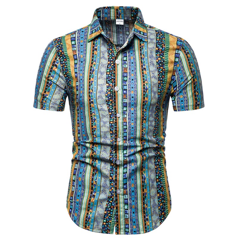 

lovely Bohemian Turndown Collar Print Blue Shirt