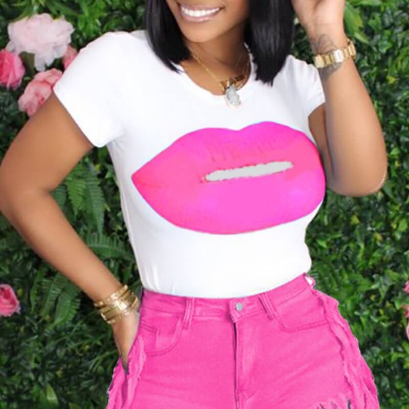

Lovely Casual Lip Print Pink T-shirt