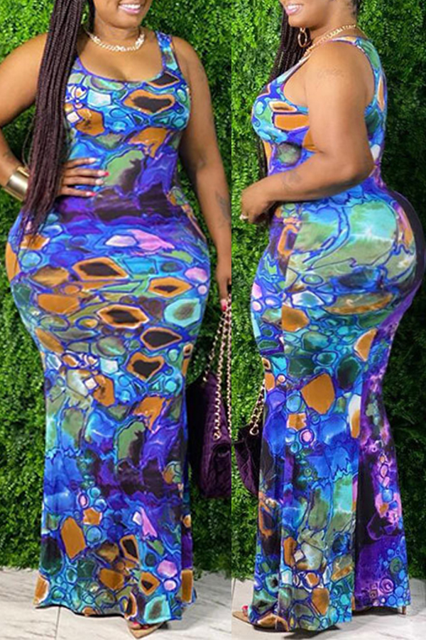 

Lovely Bohemian U Neck Print Deep Blue Maxi Plus Size Dress