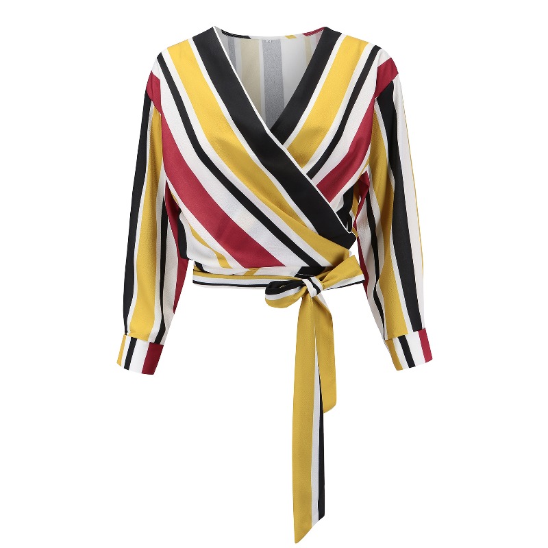 

lovely Stylish V Neck Striped Yellow Blouse