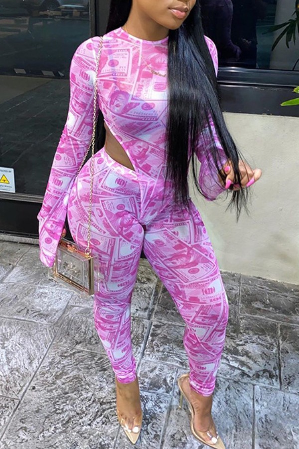 

lovely Sexy Print Pink Two-piece Pants Set
