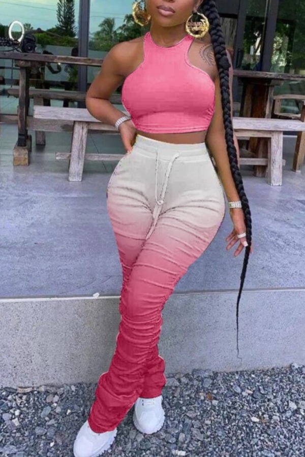 

lovely Street Gradual change Fold Design Pink Two-piece Pants Set