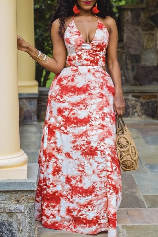 

lovely Bohemian Backless Tie-dye Red Maxi Dress