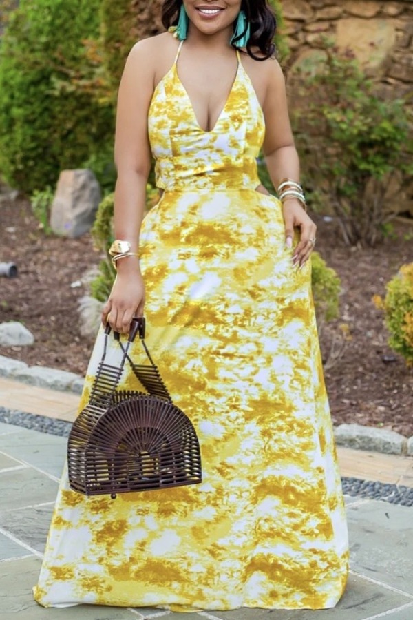 

lovely Bohemian Backless Tie-dye Yellow Maxi Dress