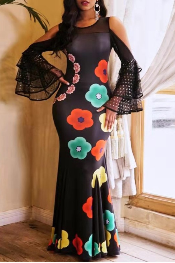 

Lovely Temperament Print Hollow-out Black Maxi Dress