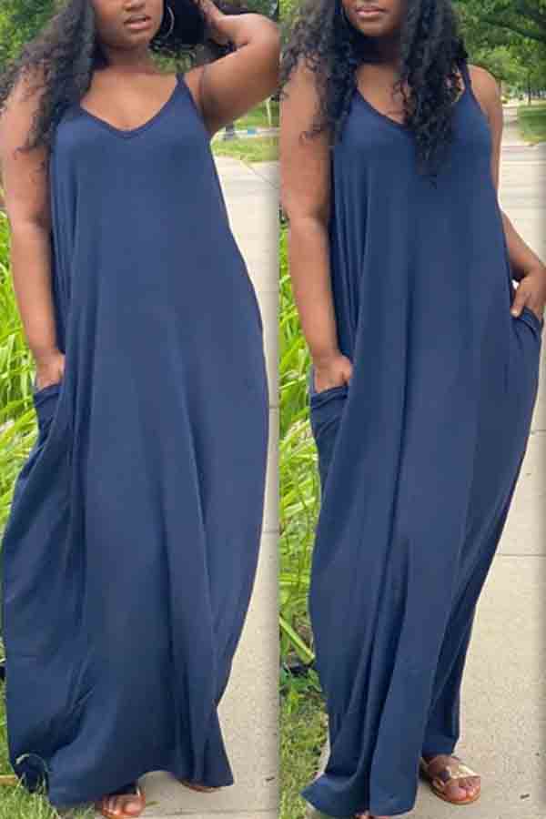 

lovely Casual V Neck Loose Dark Blue Maxi Plus Size Dress
