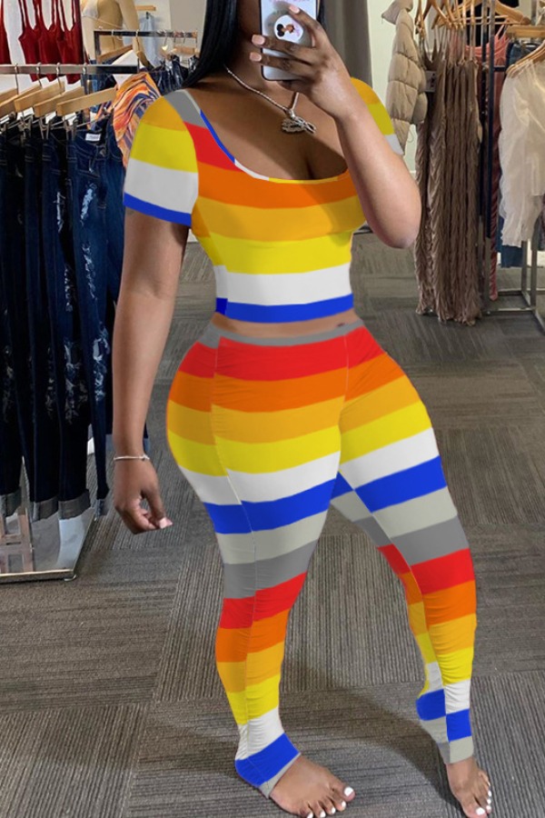 

lovely Casual Rainbow Striped Multicolor Plus Size Two-piece Pants Set, Multi