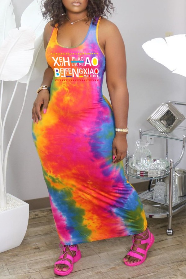 

lovely Bohemian U Neck Tie-dye Rose Red Ankle Length Dress
