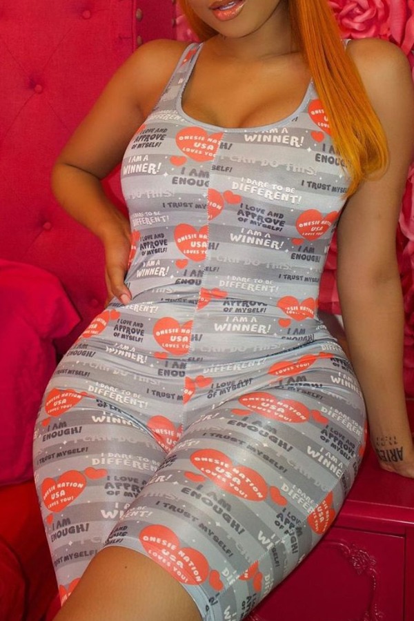 

lovely Sexy Letter Print Silver One-piece Romper