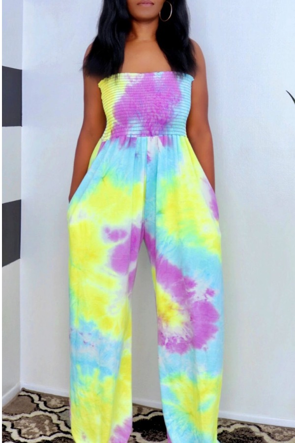 

lovely Trendy Dew Shoulder Tie-dye Yellow One-piece Jumpsuit